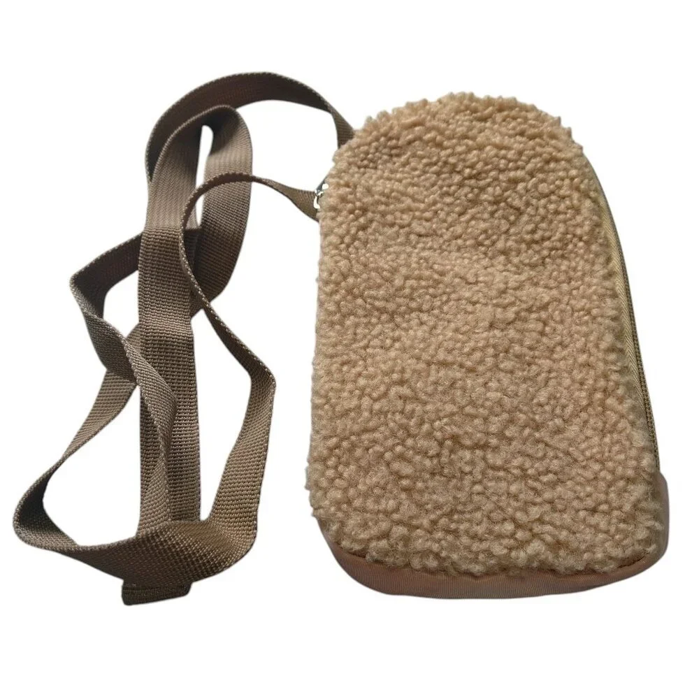 Sherpa Phone Crossbody Bag Purse Zip Around Beige Adjustable Strap Travel